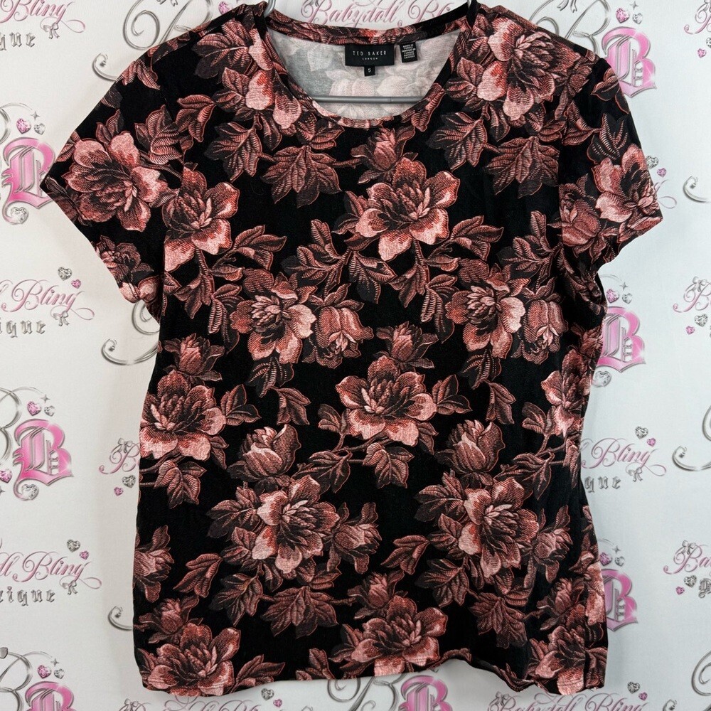 Ted Baker London t-shirt, orange flowers, Black and Pink Floral Short Sleeve Top